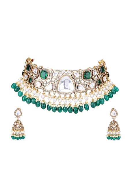 Buy Auraa Trends Green Stones Kundan Embellished Choker And Earrings Set Online at Aza Fashions Buy_Auraa Trends_Green Stones Kundan Embellished Choker And Earrings Set _Online_at_Aza_Fashions