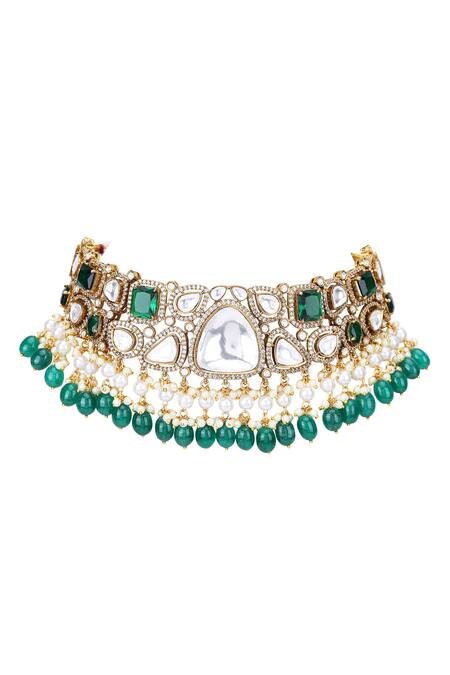 Shop_Auraa Trends_Green Stones Kundan Embellished Choker And Earrings Set _Online_at_Aza_Fashions