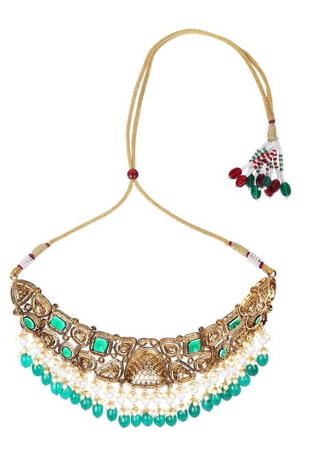 Buy_Auraa Trends_Green Stones Kundan Embellished Choker And Earrings Set 
