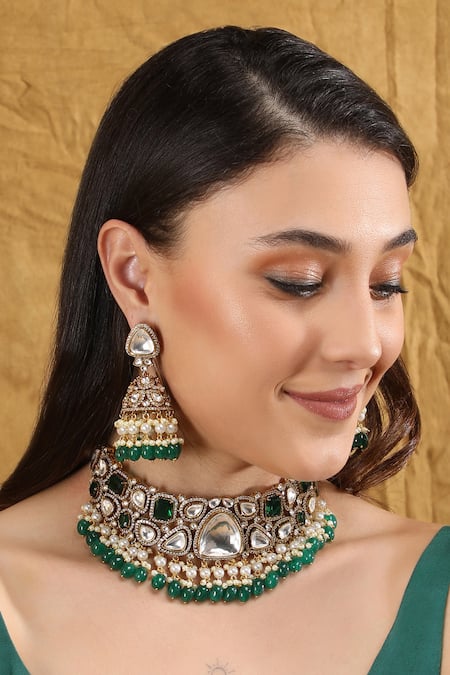 Auraa Trends Green Stones Kundan Embellished Choker And Earrings Set 