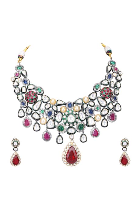 Buy Auraa Trends Red Stones, Diamonds American Embellished Necklace Set Online at Aza Fashions Buy_Auraa Trends_Red Stones, Diamonds American Embellished Necklace Set _Online_at_Aza_Fashions