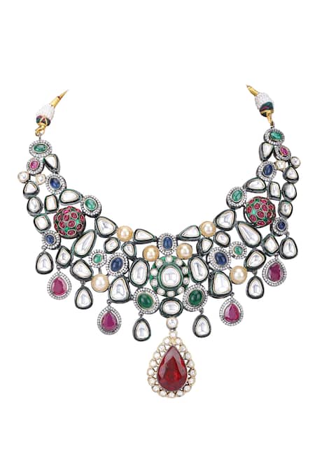 Shop_Auraa Trends_Red Stones, Diamonds American Embellished Necklace Set _Online_at_Aza_Fashions