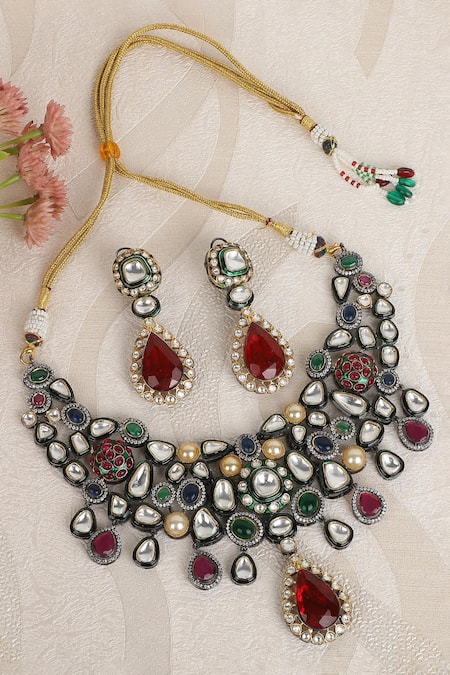 Auraa Trends_Red Stones, Diamonds American Embellished Necklace Set _Online_at_Aza_Fashions