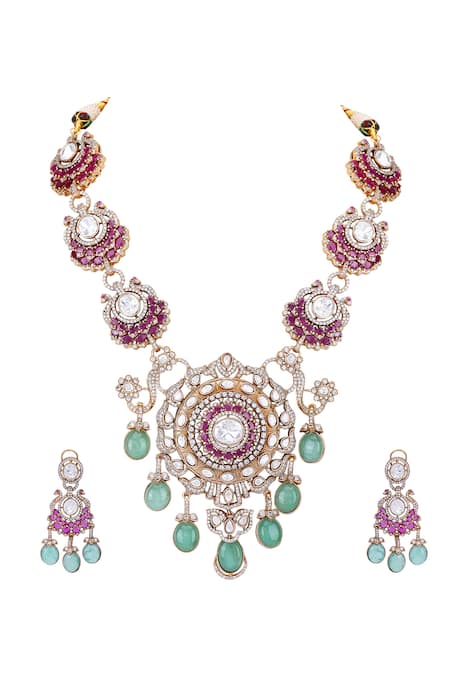 Buy Auraa Trends Red Stones Embellished Round Pendant Necklace Set Online at Aza Fashions Buy_Auraa Trends_Red Stones Embellished Round Pendant Necklace Set _Online_at_Aza_Fashions