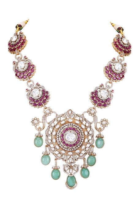 Shop_Auraa Trends_Red Stones Embellished Round Pendant Necklace Set _Online_at_Aza_Fashions