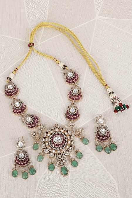 Auraa Trends_Red Stones Embellished Round Pendant Necklace Set _Online_at_Aza_Fashions
