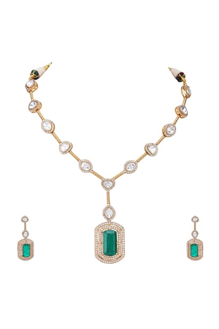 Buy_Auraa Trends_Green Stones American Diamond Zircon Studded Pendant Necklace Set _Online_at_Aza_Fashions