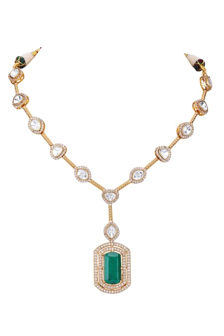 Shop_Auraa Trends_Green Stones American Diamond Zircon Studded Pendant Necklace Set _Online_at_Aza_Fashions