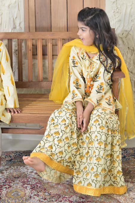 Buy_The Plum Bum_Yellow Cotton, Net Tassels, Gota Patti Floral Pattern Kurta Sharara Set_Online_at_Aza_Fashions