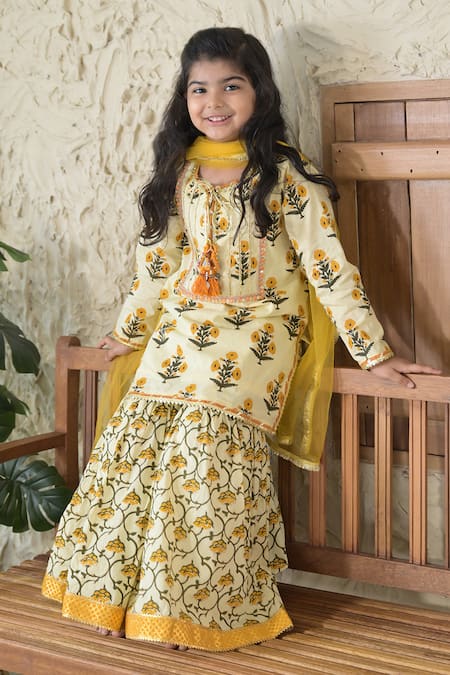Shop_The Plum Bum_Yellow Cotton, Net Tassels, Gota Patti Floral Pattern Kurta Sharara Set_Online_at_Aza_Fashions