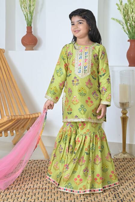 Buy_The Plum Bum_Green Silk, Net, Chanderi Embroidery, Gota Patti Floral Pattern Sharara Set_Online_at_Aza_Fashions