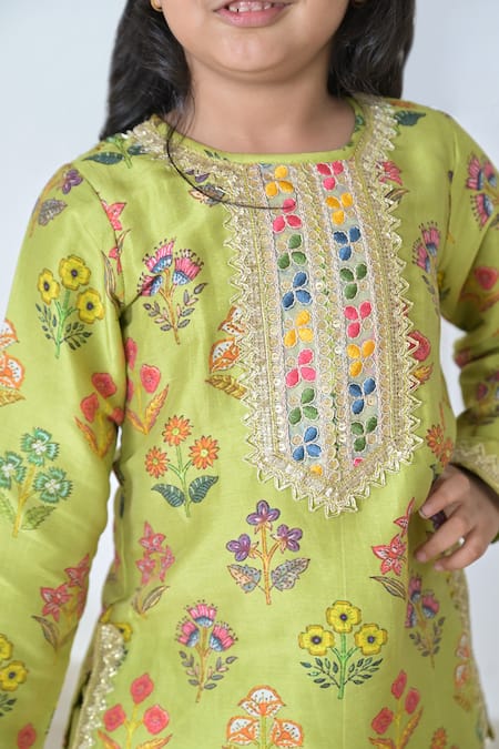 Shop_The Plum Bum_Green Silk, Net, Chanderi Embroidery, Gota Patti Floral Pattern Sharara Set_Online_at_Aza_Fashions