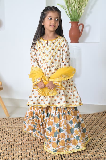 Shop_The Plum Bum_Yellow Cotton, Net Lace, Embroidery Floral Hand Block Print Kurta Sharara Set _at_Aza_Fashions