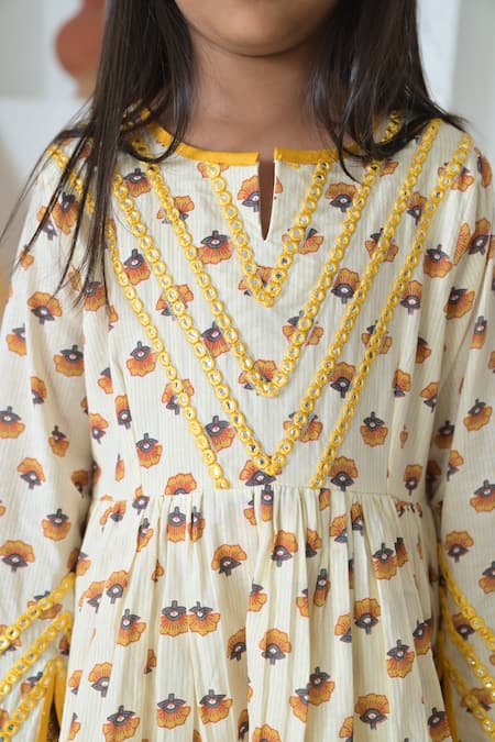 The Plum Bum_Yellow Cotton, Net Lace, Embroidery Floral Hand Block Print Kurta Sharara Set _Online_at_Aza_Fashions