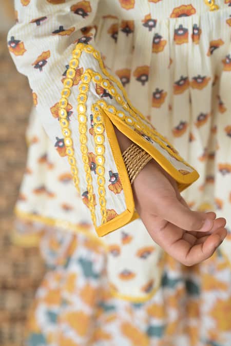 Buy_The Plum Bum_Yellow Cotton, Net Lace, Embroidery Floral Hand Block Print Kurta Sharara Set _Online_at_Aza_Fashions