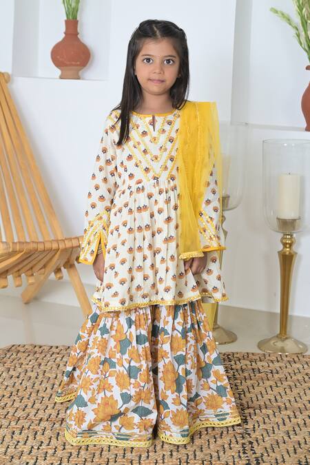 Shop_The Plum Bum_Yellow Cotton, Net Lace, Embroidery Floral Hand Block Print Kurta Sharara Set _Online_at_Aza_Fashions