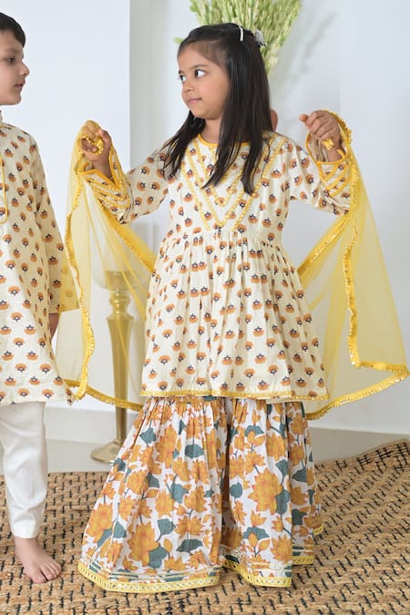 Buy_The Plum Bum_Yellow Cotton, Net Lace, Embroidery Floral Hand Block Print Kurta Sharara Set 