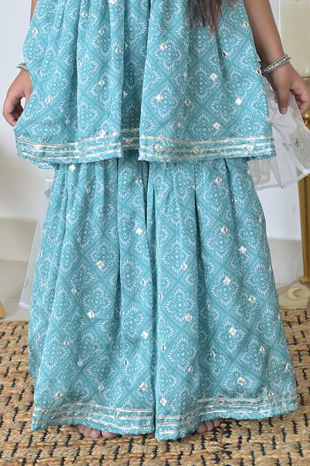 Buy The Plum Bum Blue Satin, Georgette, Chiffon Geometric Floral Print Kurta Sharara Set Online at Aza Fashions Buy_The Plum Bum_Blue Satin, Georgette, Chiffon Geometric Floral Print Kurta Sharara Set _Online_at_Aza_Fashions