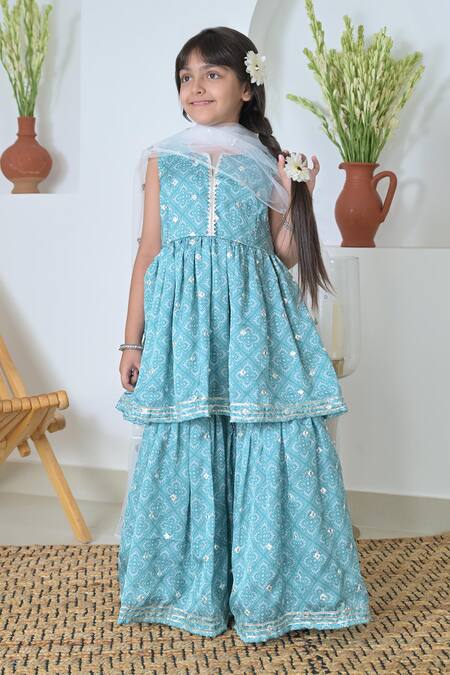 Shop_The Plum Bum_Blue Satin, Georgette, Chiffon Geometric Floral Print Kurta Sharara Set _Online_at_Aza_Fashions