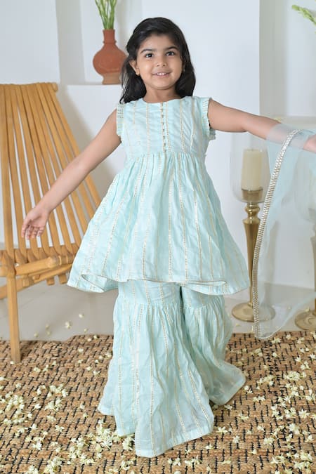 Shop_The Plum Bum_Blue Cotton, Net Mirrors Faux Embroidered Kurta Sharara Set _at_Aza_Fashions