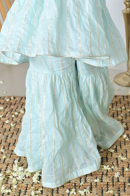 The Plum Bum Blue Cotton, Net Mirrors Faux Embroidered Kurta Sharara Set Online at Aza Fashions The Plum Bum_Blue Cotton, Net Mirrors Faux Embroidered Kurta Sharara Set _Online_at_Aza_Fashions