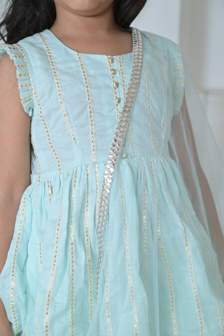 Buy_The Plum Bum_Blue Cotton, Net Mirrors Faux Embroidered Kurta Sharara Set _Online_at_Aza_Fashions