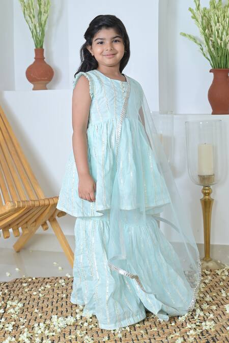 Shop_The Plum Bum_Blue Cotton, Net Mirrors Faux Embroidered Kurta Sharara Set _Online_at_Aza_Fashions