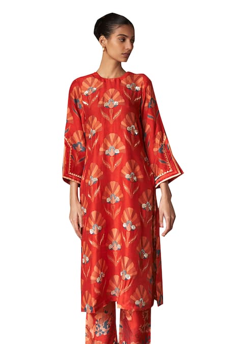 Shop Archana Shah Red Silk Sequins Round Neck Shell Print Kurta And Pant Set Shop_Archana Shah_Red Silk Sequins Round Neck Shell Print Kurta And Pant Set