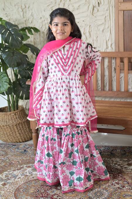 The Plum Bum_Pink Cotton, Net Embroidery Gulabo Floral Hand Block Print Sharara Set _Online_at_Aza_Fashions