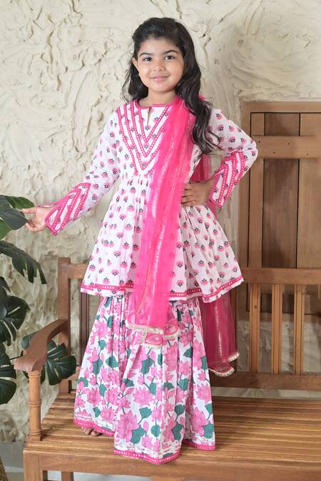 Buy_The Plum Bum_Pink Cotton, Net Embroidery Gulabo Floral Hand Block Print Sharara Set _Online_at_Aza_Fashions