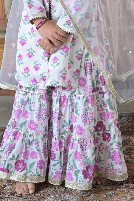 The Plum Bum White Cotton, Net Embroidery, Gota Patti Lace Detailed Kurta Sharara Set Online at Aza Fashions The Plum Bum_White Cotton, Net Embroidery, Gota Patti Lace Detailed Kurta Sharara Set_Online_at_Aza_Fashions