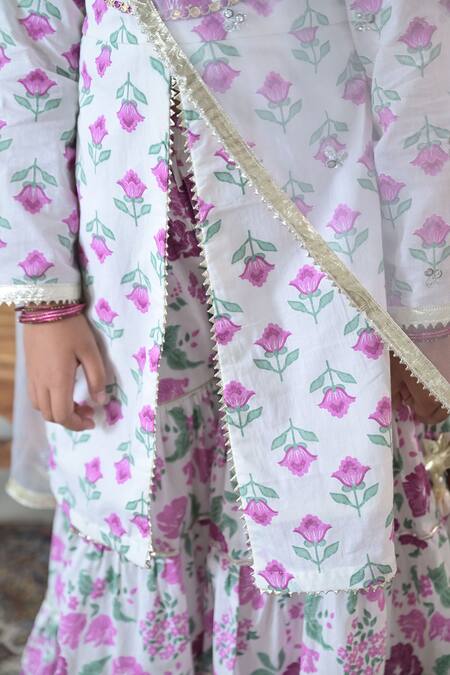 Shop_The Plum Bum_White Cotton, Net Embroidery, Gota Patti Lace Detailed Kurta Sharara Set_Online_at_Aza_Fashions