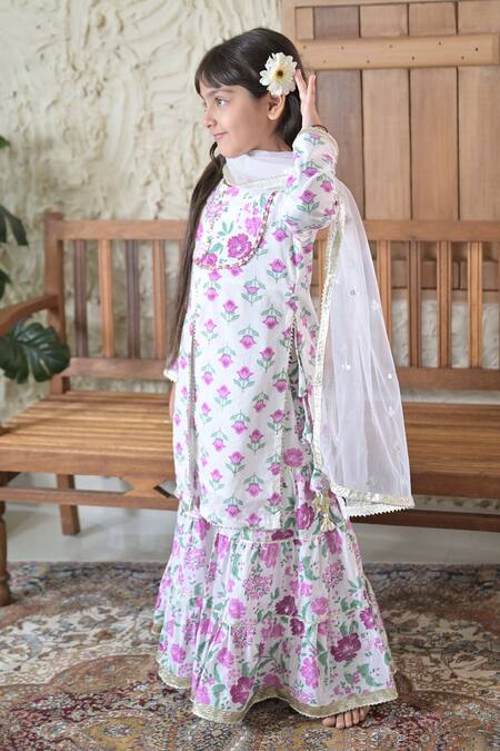 The Plum Bum_White Cotton, Net Embroidery, Gota Patti Lace Detailed Kurta Sharara Set_at_Aza_Fashions