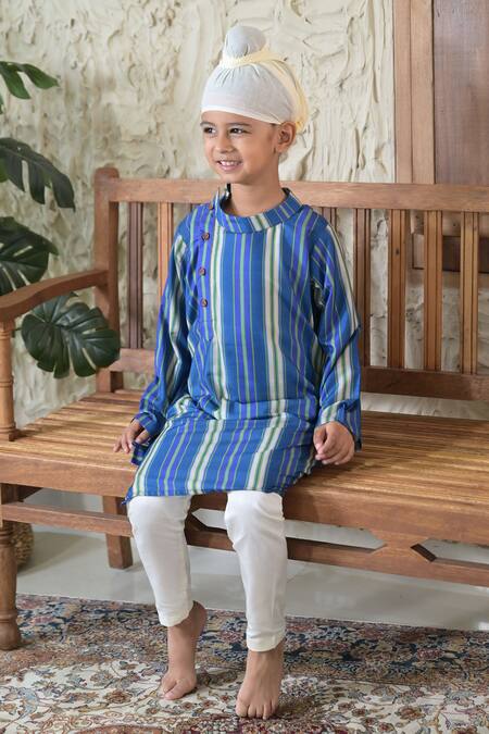 Shop_The Plum Bum_Blue Cotton, Rayon Stripe Pattern Kurta Set _at_Aza_Fashions