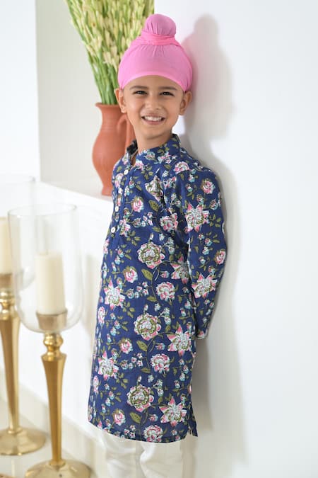 Shop_The Plum Bum_Blue Cotton Floral Print Straight Kurta And Pant Set _Online_at_Aza_Fashions