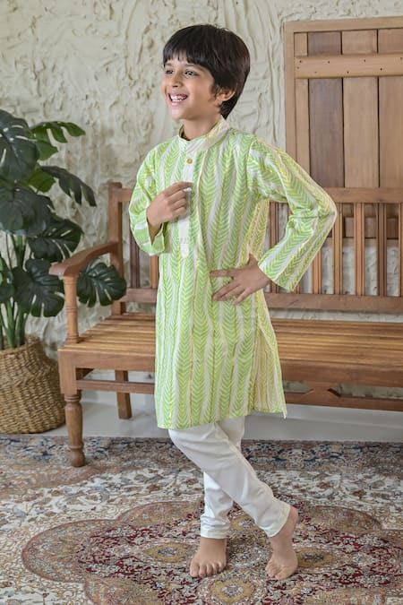 The Plum Bum Leaf Stripe Pattern Cotton Kurta & Pant Set 