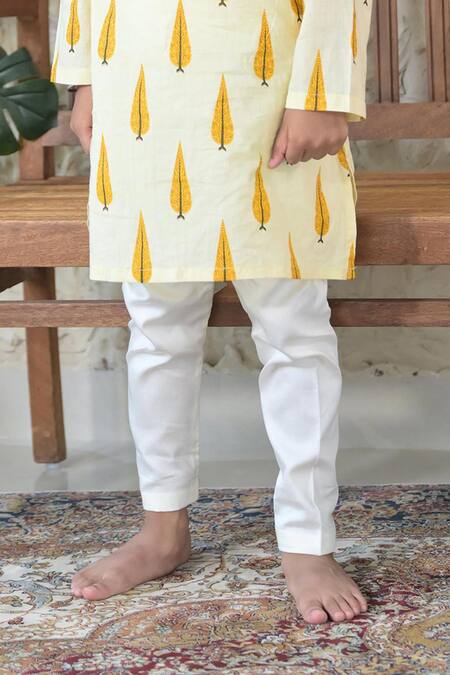 The Plum Bum_Ivory Cotton Leaf Hand Block Print Kurta With Pant _Online_at_Aza_Fashions
