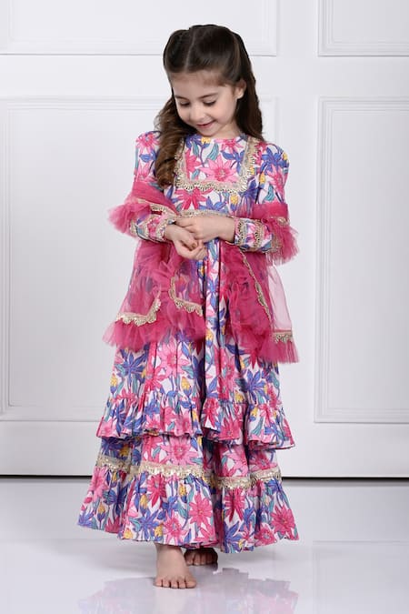 The Pony & Peony Co._Pink Rayon, Cotton, Tulle Lace, Embroidery Aairah Floral Print Kurta Sharara Set _Online_at_Aza_Fashions