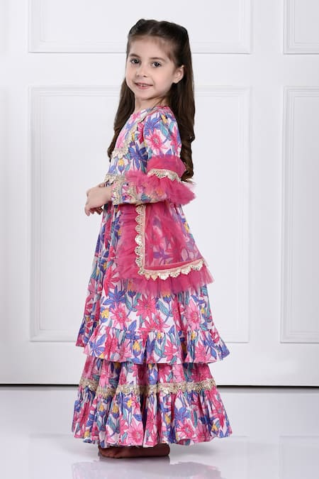 Buy_The Pony & Peony Co._Pink Rayon, Cotton, Tulle Lace, Embroidery Aairah Floral Print Kurta Sharara Set _Online_at_Aza_Fashions