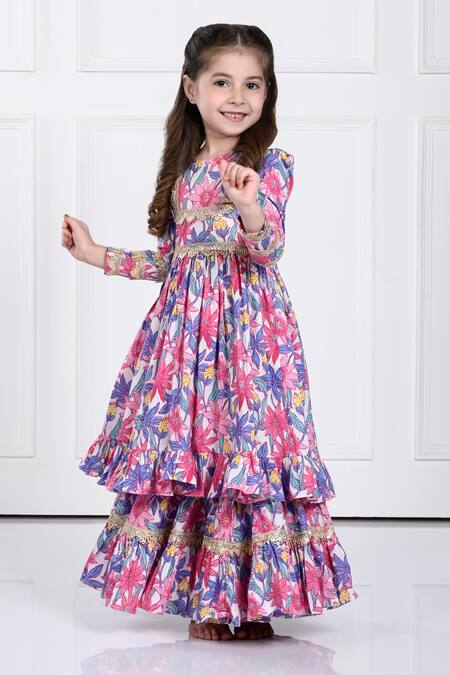 Shop_The Pony & Peony Co._Pink Rayon, Cotton, Tulle Lace, Embroidery Aairah Floral Print Kurta Sharara Set _Online_at_Aza_Fashions