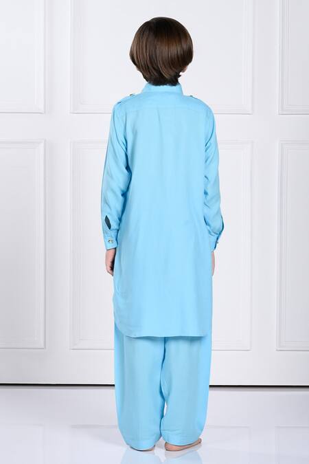 Shop The Pony & Peony Co. Blue Rayon Ziaan Solid Kurta And Pant Set at Aza Fashions Shop_The Pony & Peony Co._Blue Rayon Ziaan Solid Kurta And Pant Set _at_Aza_Fashions