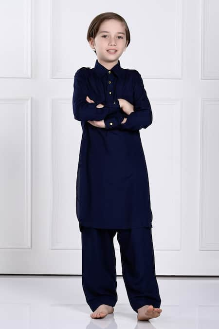 The Pony & Peony Co. Blue Rayon Solid Neel Kurta And Pant Set 