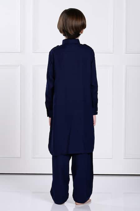 Shop The Pony & Peony Co. Blue Rayon Navy Solid Kurta And Pant Set at Aza Fashions Shop_The Pony & Peony Co._Blue Rayon Navy Solid Kurta And Pant Set _at_Aza_Fashions