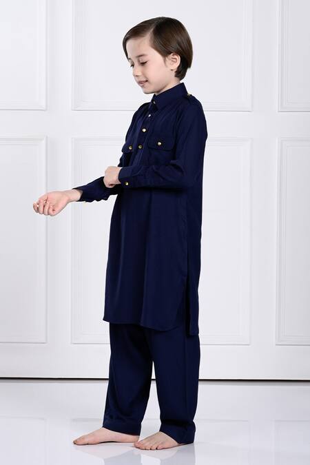 The Pony & Peony Co. Blue Rayon Navy Solid Kurta And Pant Set at Aza Fashions The Pony & Peony Co._Blue Rayon Navy Solid Kurta And Pant Set _at_Aza_Fashions