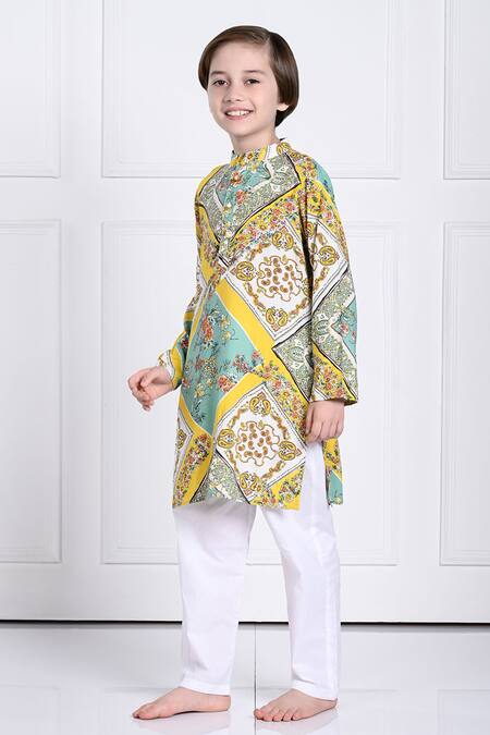 The Pony & Peony Co._Yellow Cotton Embroidery Riaan Floral Print Kurta And Pant Set _Online_at_Aza_Fashions