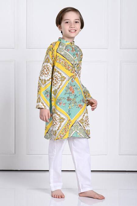 Buy_The Pony & Peony Co._Yellow Cotton Embroidery Riaan Floral Print Kurta And Pant Set _Online_at_Aza_Fashions