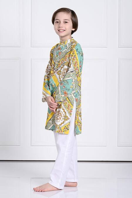 The Pony & Peony Co._Yellow Cotton Embroidery Riaan Floral Print Kurta And Pant Set _at_Aza_Fashions