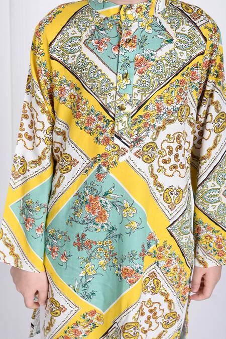 Buy_The Pony & Peony Co._Yellow Cotton Embroidery Riaan Floral Print Kurta And Pant Set 