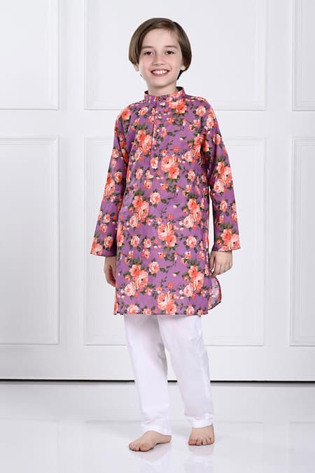 The Pony & Peony Co. Purple Cotton Printed Floral Sam Kurta And Pant Set 