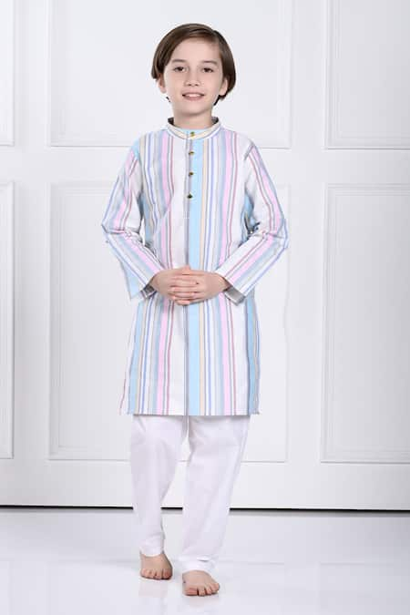 The Pony & Peony Co. Blue Cotton Printed Striped Ekam Kurta And Pant Set 